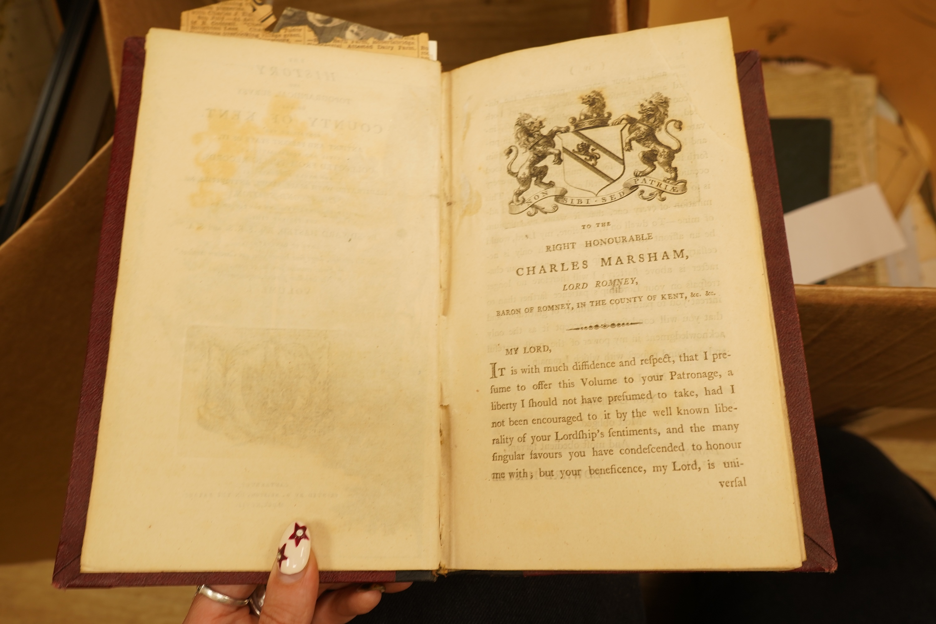 Hasted, Edward - Atlas for the first edition of Kent (4 vols., 1778-99). 31 d-page maps (only); old leather backed marbled boards (distressed), folio.; The West Kent Poll Book (1847), together with those for 1835 and 183